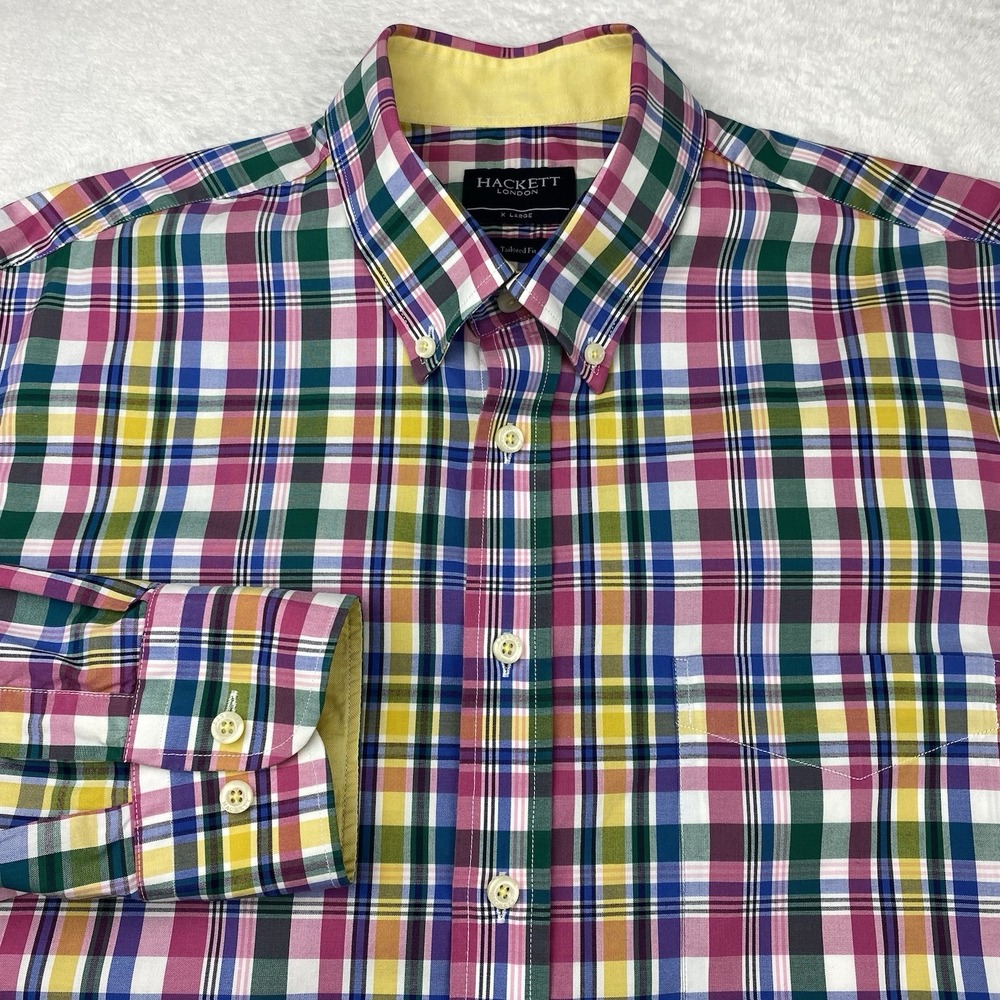 Hackett London Mens XL Dress Shirt Multicolor Plaid Tailored Fit Contrast Trim